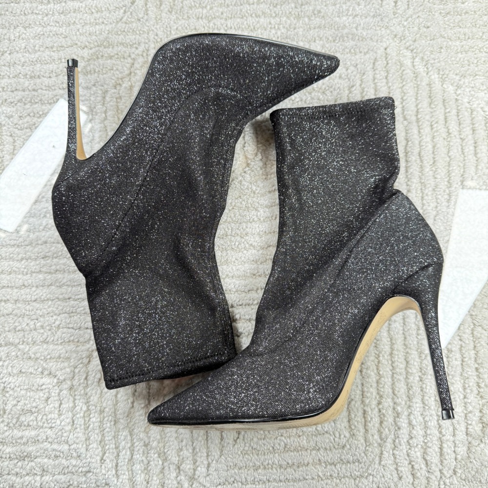 Topshop Sock Boots Women 40 Black Silver Glitter Stiletto Pointed Toe Glam Disco